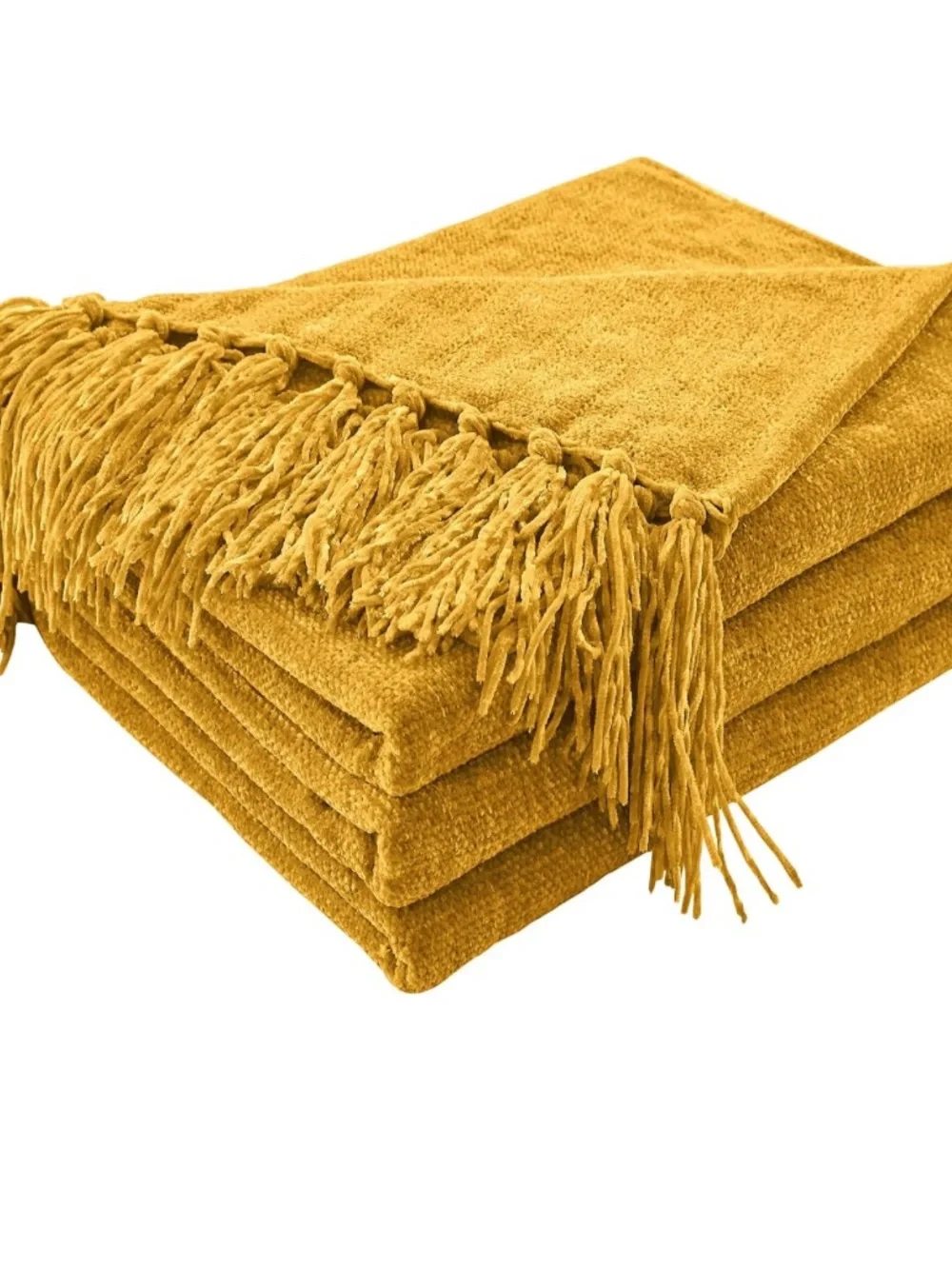 Mustard Chenille Throw Blanket with Fringe